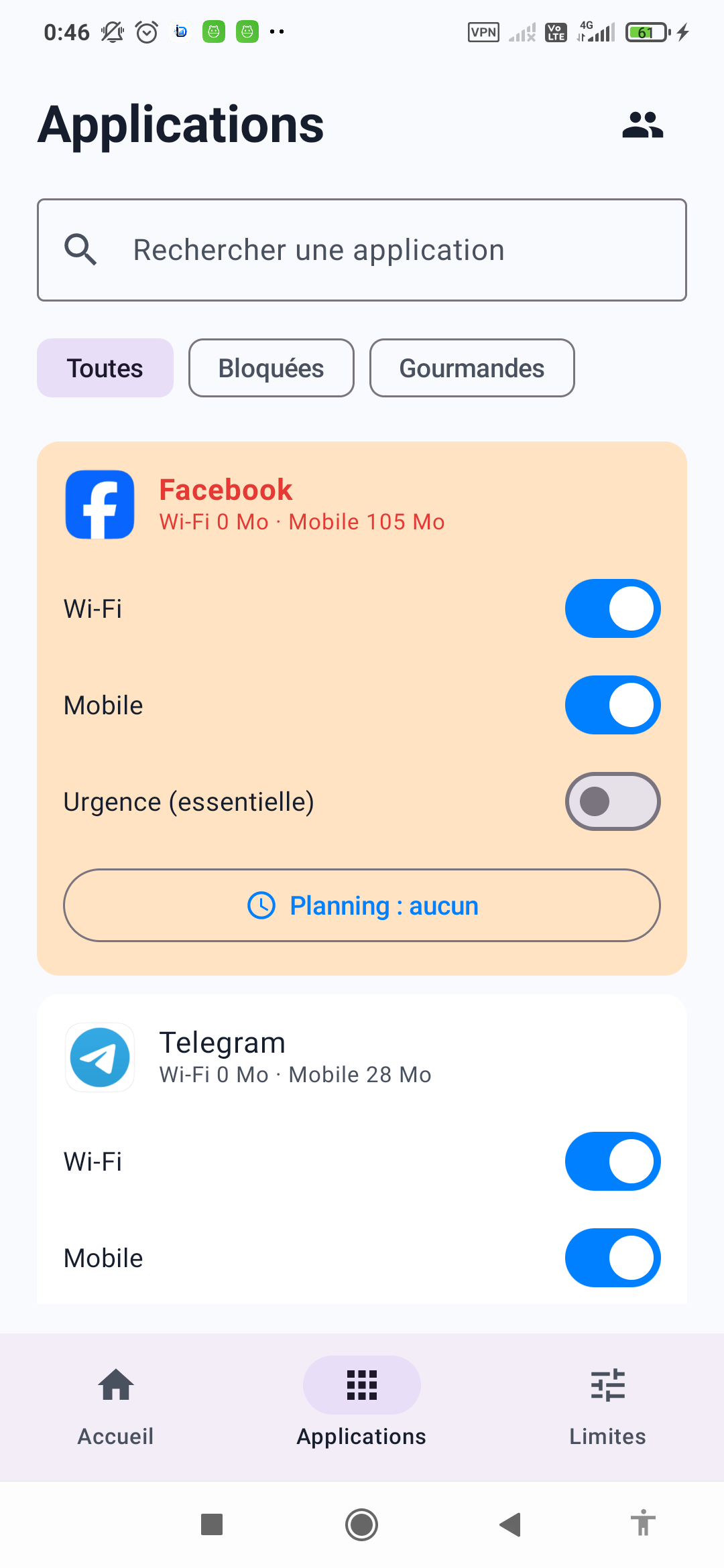 Écran Applications avec bascules Wi-Fi, Mobile et Urgence