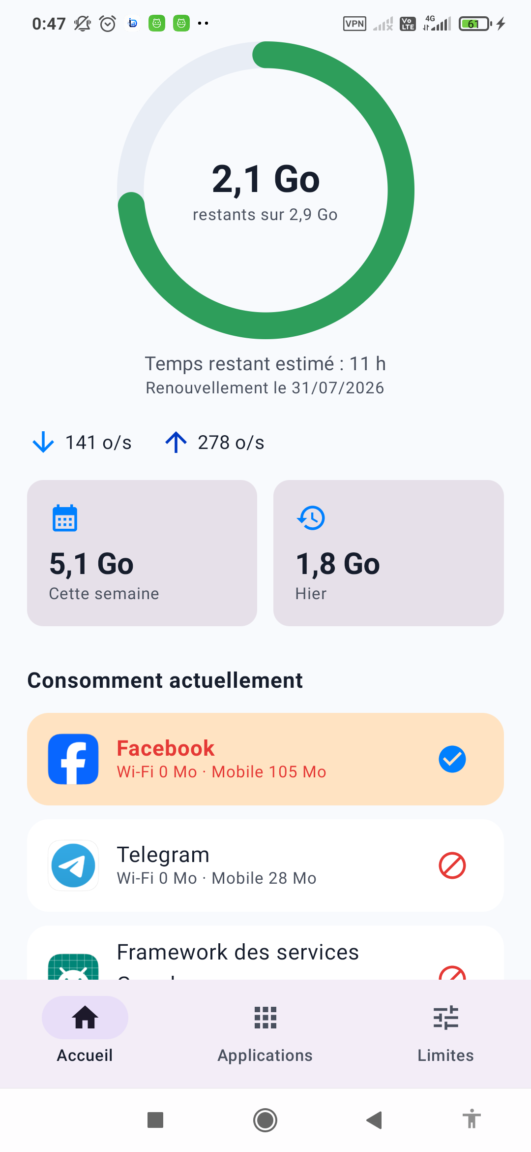 Application bloquée affichée sur le tableau de bord